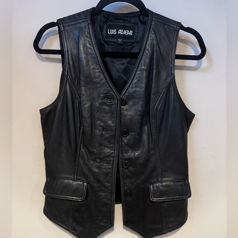 Vintage Luis Alvear leather vest button-front closure front pockets black size L